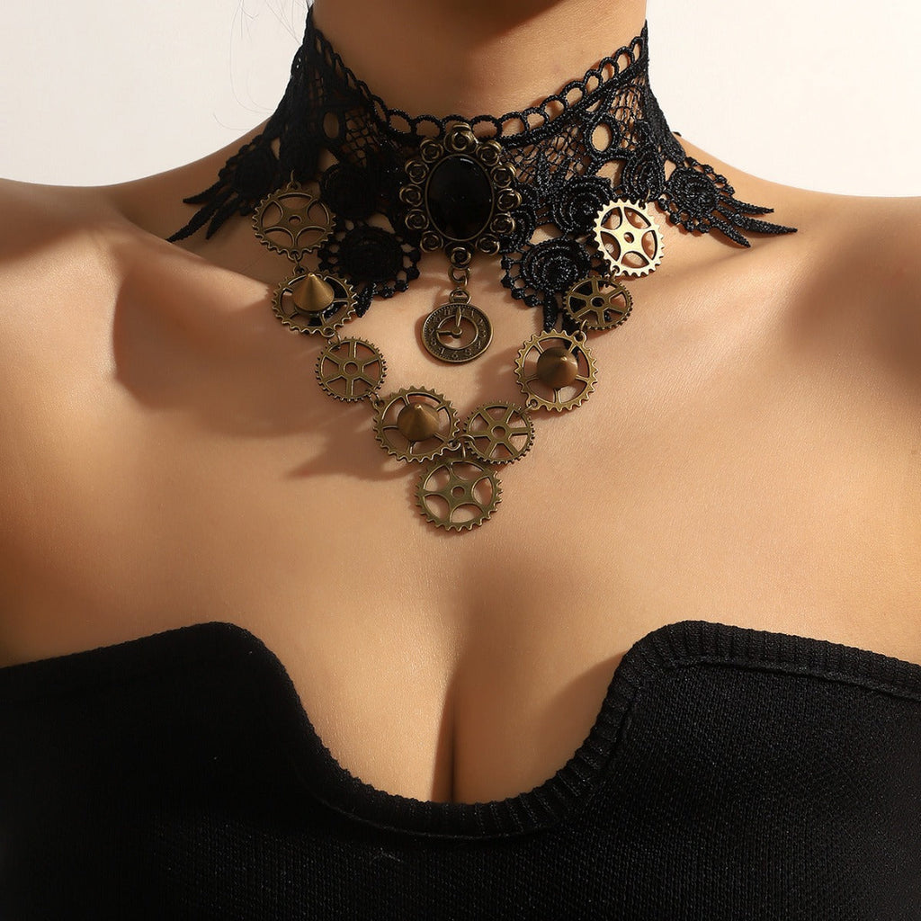 Gothic Steam Punk Black Lace Gear Exaggerated Necklace Black Halloween