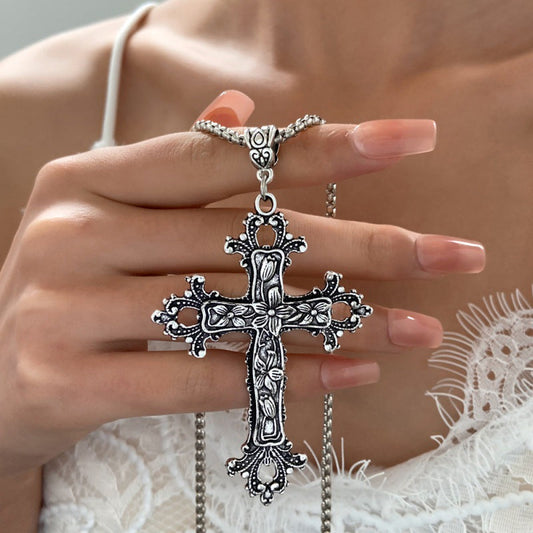 Exaggerated Gothic Silver Cross Hip-Hop Sweater Necklace Halloween