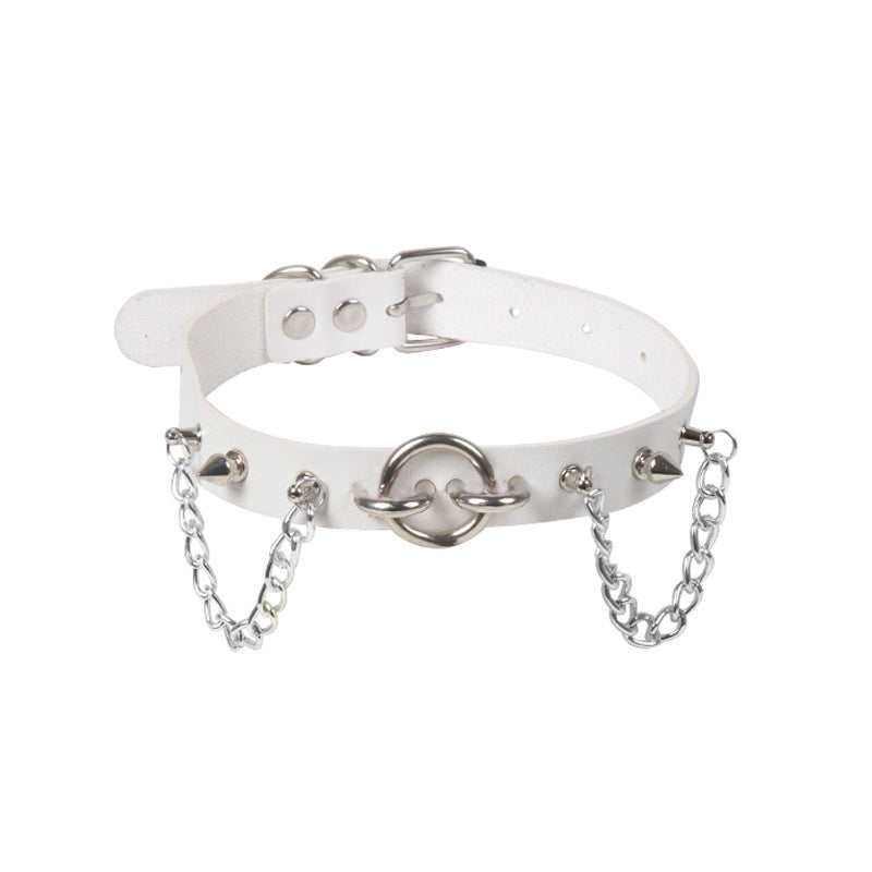 Personality O-Ring Rivet Chain Punk Leather Gothic Necklace White Halloween