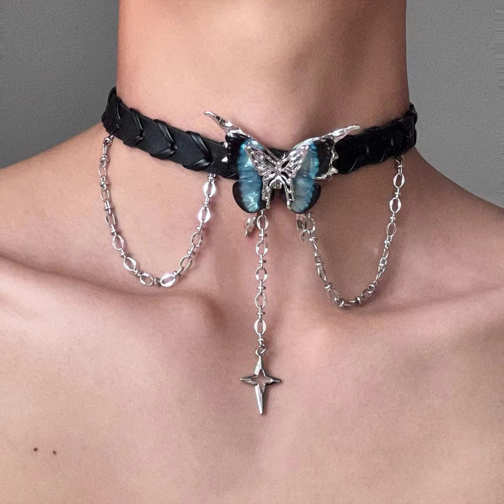 Dark Black Butterfly Star Leather Choker Necklace Halloween