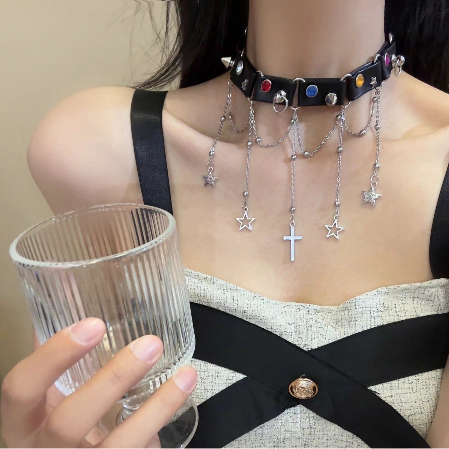 Star Cross Pendant Choker Necklace Y2K Punk Retro Dark Halloween