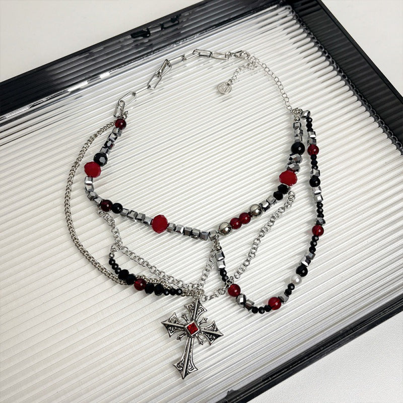 Dark Punk Layered Cross Sweet Cool Beaded Personality Necklace Silver Halloween