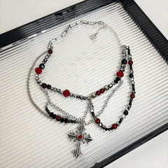 Dark Punk Layered Cross Sweet Cool Beaded Personality Necklace Silver Halloween