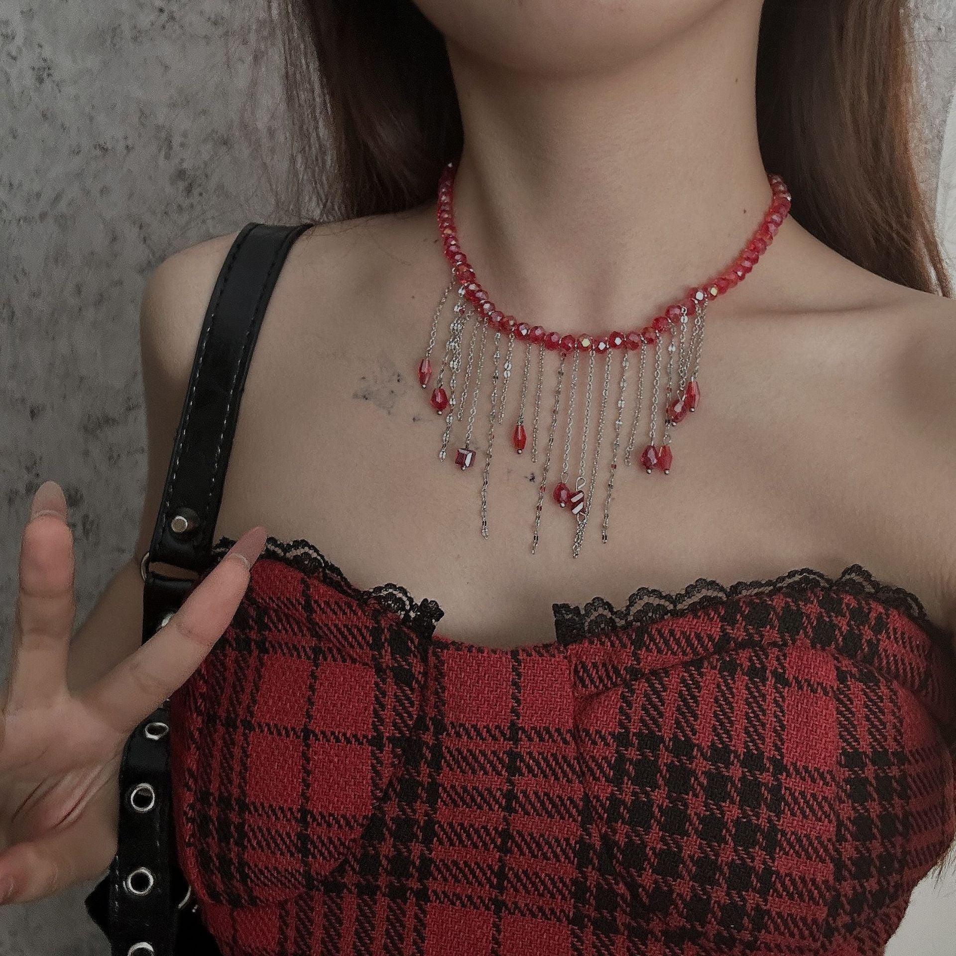 Red Crystal Tassel Unique Aesthetic Necklace Halloween Main image