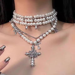 Retro Baroque Style Cross Pearl Layered Fashion Necklace Halloween