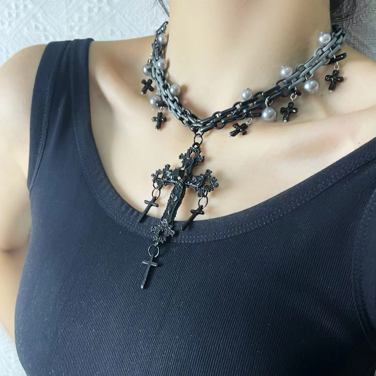 Gothic Sweet Punk Cross Tassel Pearl Hip-Hop Necklace Halloween Main image