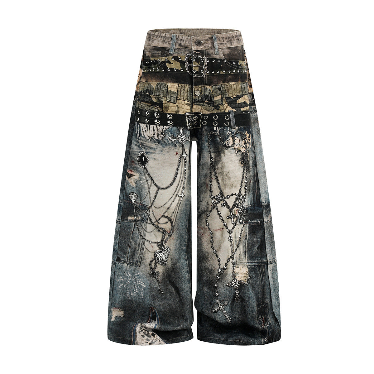 Printed Patchwork Denim Pants