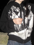 Black White Retro Zip Up Loose Hoodie