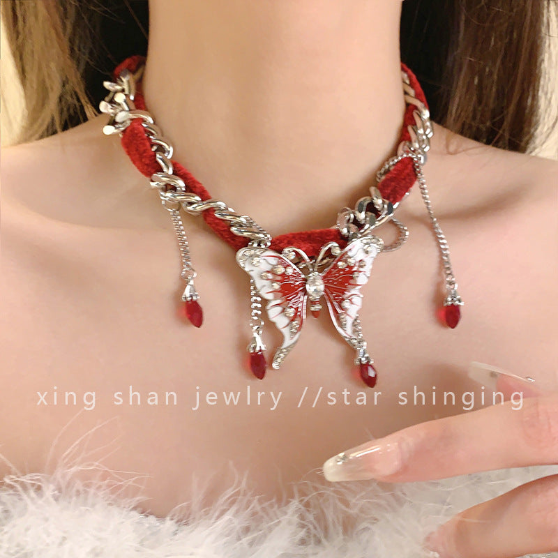 Sweet Cool Red Velvet Butterfly Tassel Gothic Exaggerated Personality Necklace Halloween