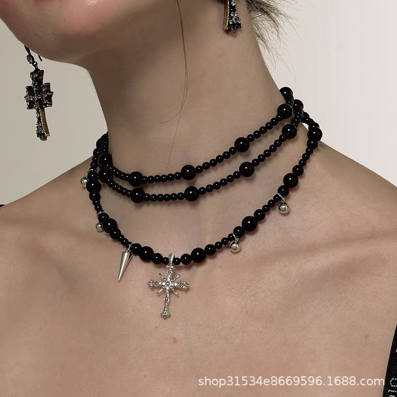 Dark Gothic Cross Beaded Multi-Layer Sweater Necklace Halloween Main image