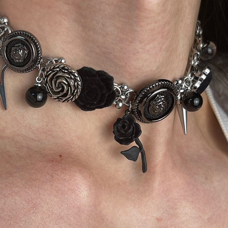 Thorn Rose Punk Velvet Button Unique Heavy Work Necklace Halloween