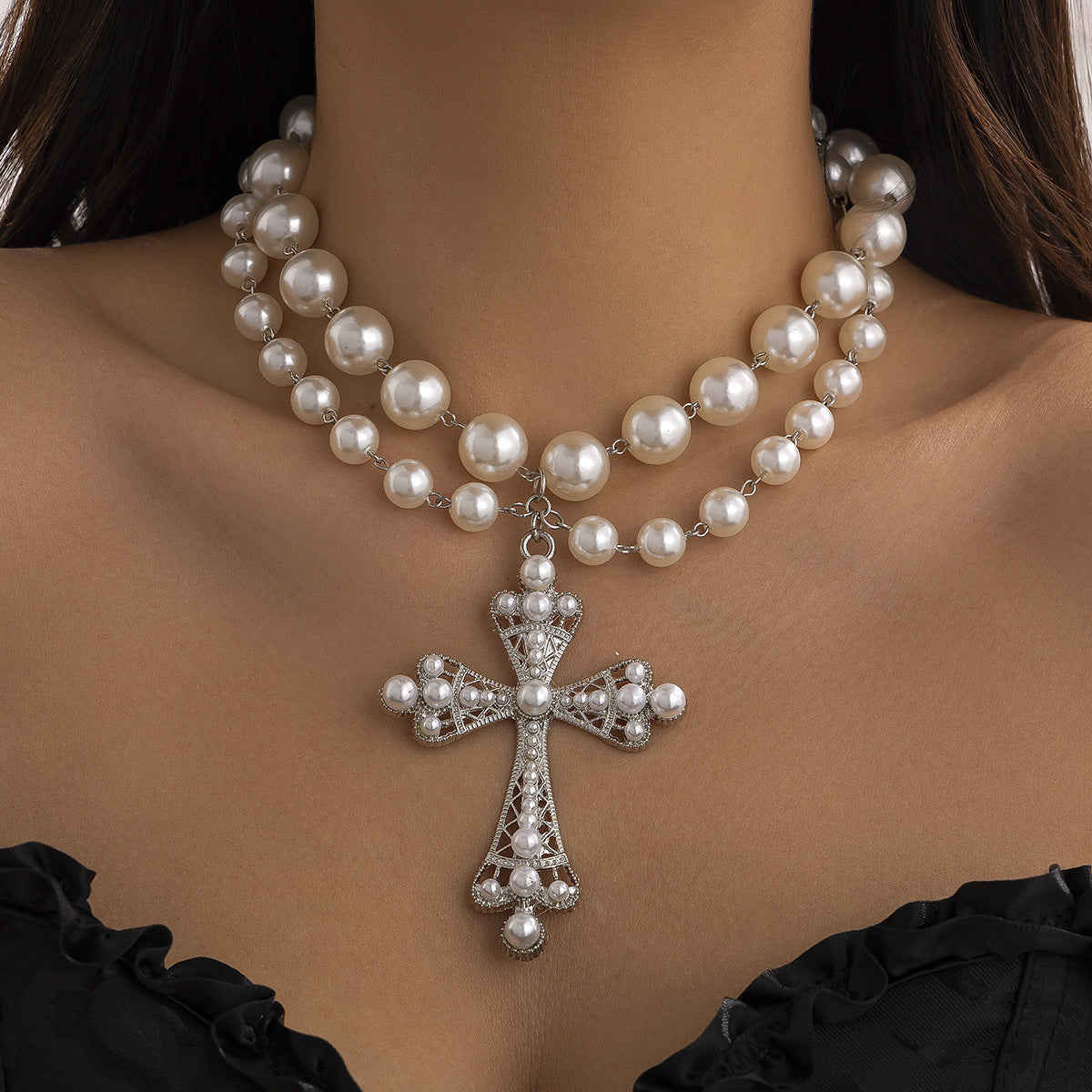 Imitation Pearl Cross Gothic Pendant Necklace Halloween Main image