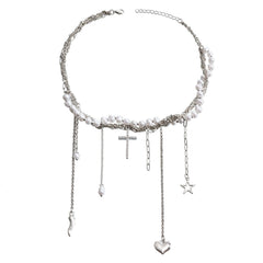 Unique Faux Pearl Star Tassel Necklace White Halloween
