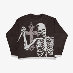 Grunge Butterfly & Skull Printed Crewneck Loose-Fit Knit Sweater