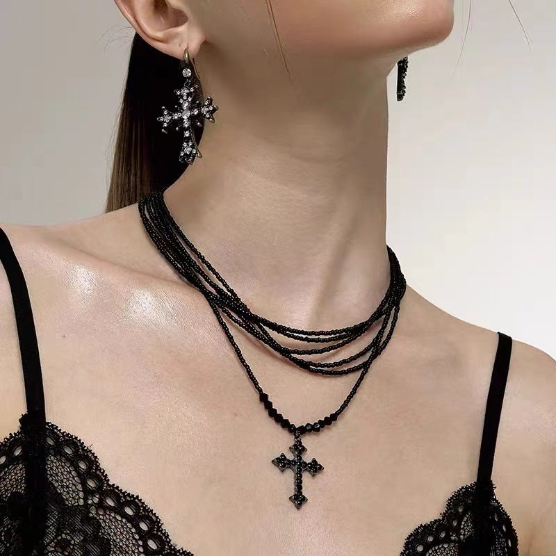 Retro Cross Layered Beaded Sweet Cool Punk Necklace Halloween