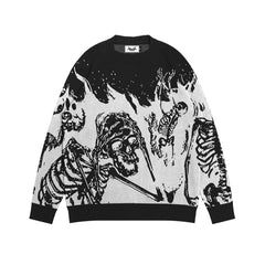 Grunge Skull Printed Crewneck Loose-Fit Knit Sweater