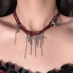 Japanese Dark Cross Layered Tassel Red Beaded Punk Choker Necklace Red Halloween