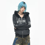 GothicPunkBlack and Grey Striped Cropped Hoodie