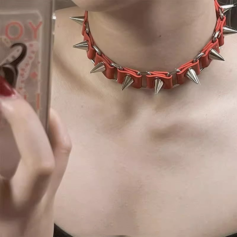 Punk Gothic Rivet Choker Leather Necklace Red Halloween