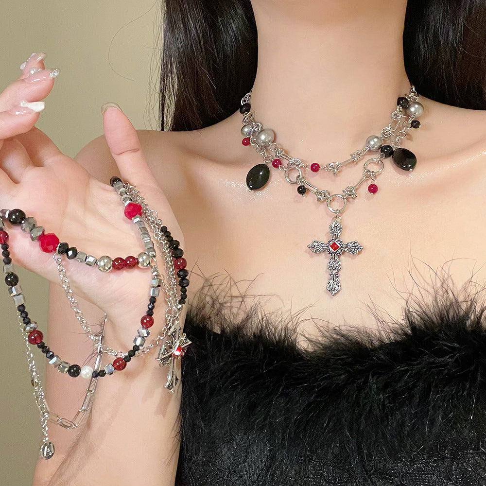 Dark Punk Layered Cross Sweet Cool Beaded Personality Necklace Halloween Main image