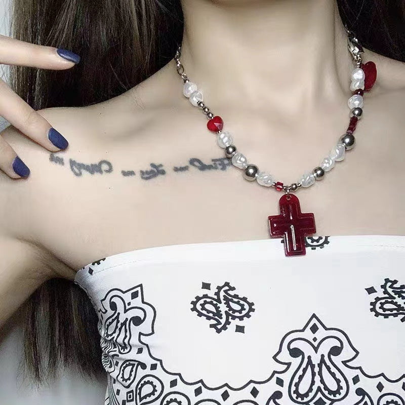 Red Cross Heart Pendant Baroque Pearl Necklace Halloween Main image