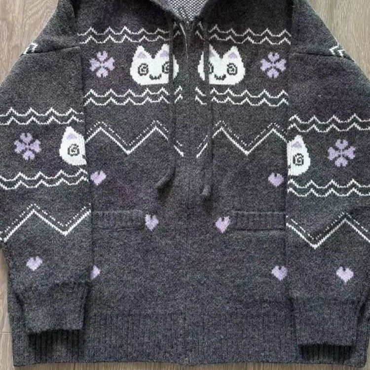 Cat Intarsia Hooded Zip Sweater Coat Secondary image