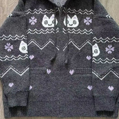 Cat Intarsia Hooded Zip Sweater Coat