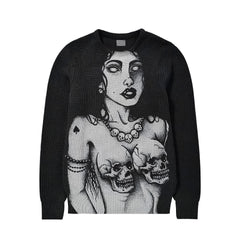 Grunge Cross Printed Crewneck Loose-Fit Knit Sweater