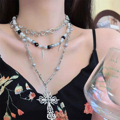 Gothic Beaded Thorn Heavy Punk Cross Pendant Vintage Layered Necklace Halloween