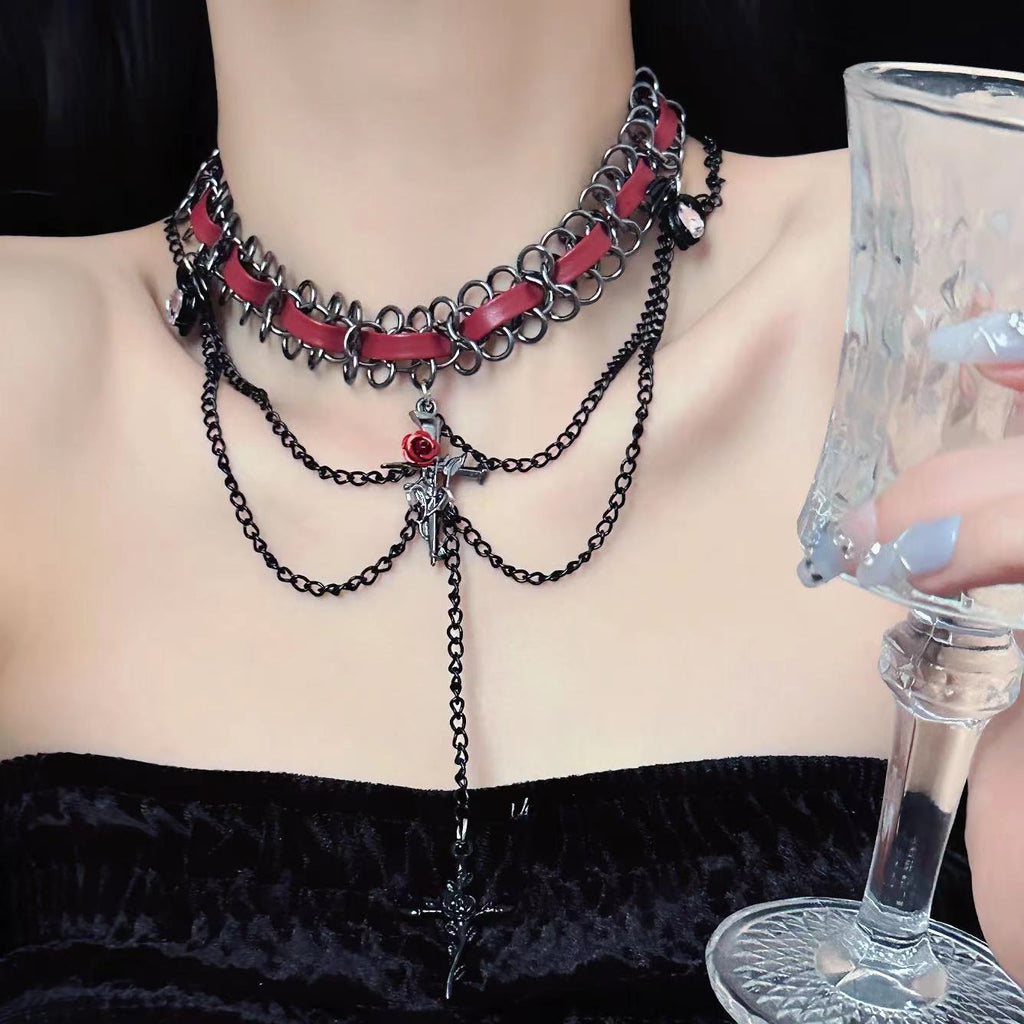 Sweet Cool Cross Red Leather Gothic Retro Tassel Layered Necklace Halloween