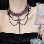 Sweet Cool Cross Red Leather Gothic Retro Tassel Layered Necklace Halloween