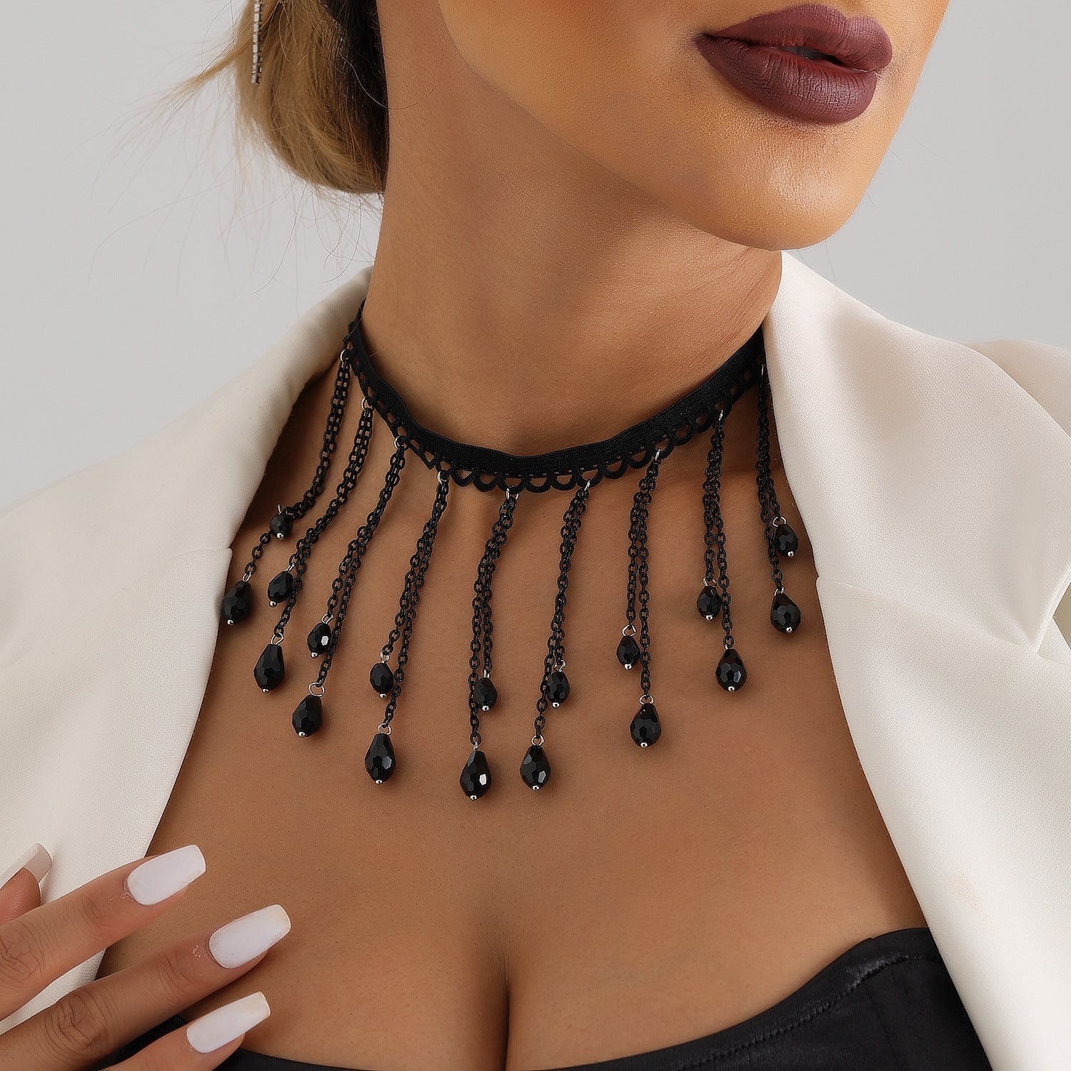 French Black Crystal Gothic Water Drop Tassel Lolita Lace Necklace Halloween