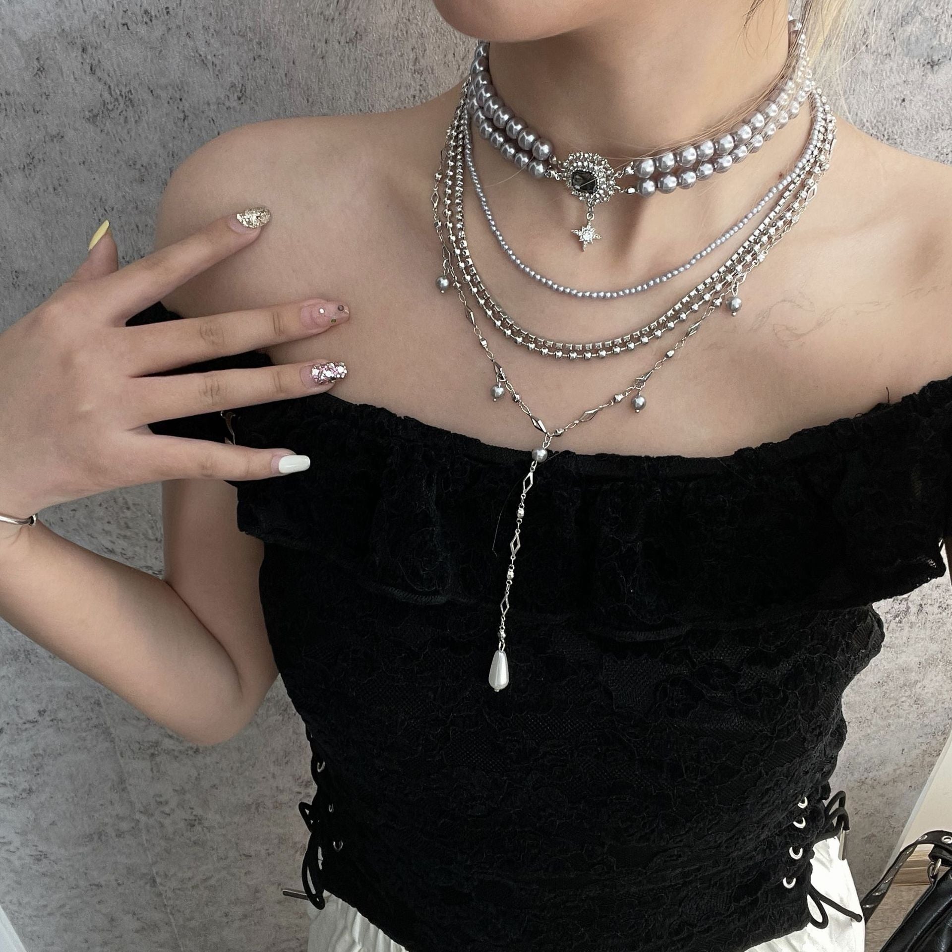 Baroque Pearl Cross Layered Choker Necklace Halloween Main image