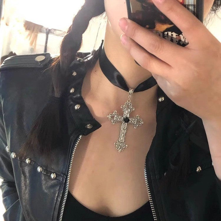 Gothic Blood Drop Tassel Exaggerated Punk Dark Cross Necklace Black Halloween