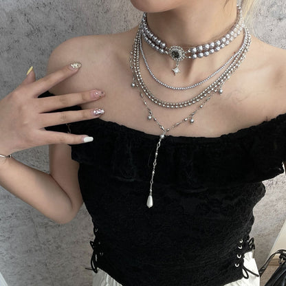 Baroque Pearl Cross Layered Choker Necklace Silver Halloween