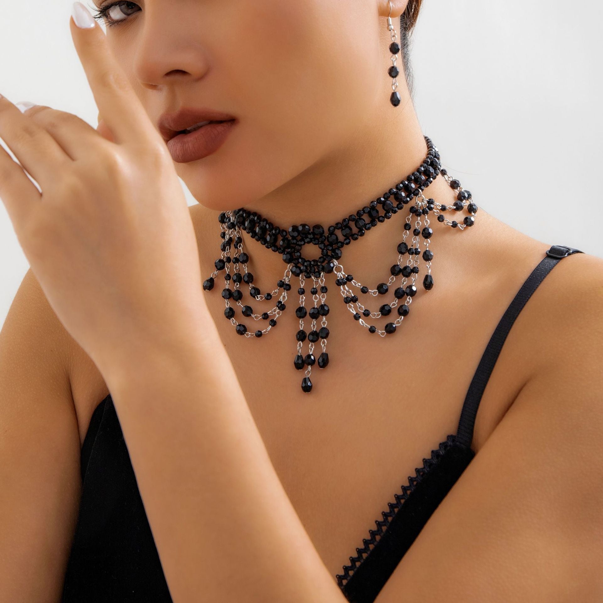 Gothic Beaded Woven Crystal Choker Necklace White Halloween