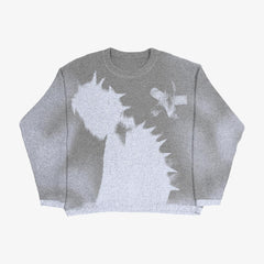 Grunge Skull Printed Crewneck Slouchy Knit Sweater