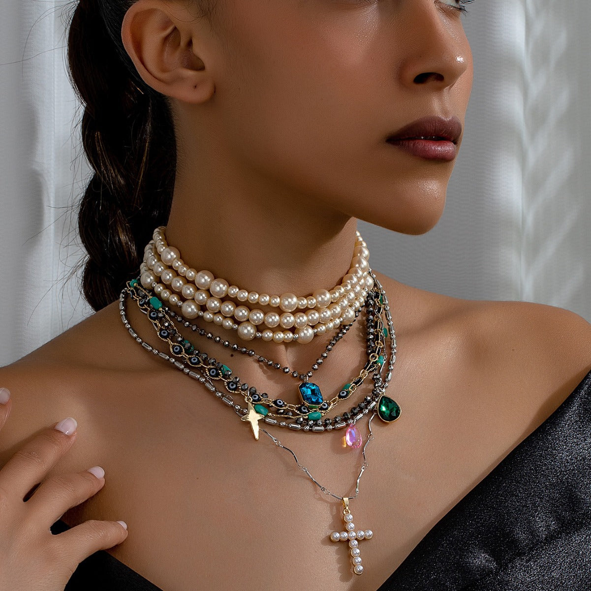 Heavy Layered Cross Imitation Pearl Elegant Necklace Halloween Main image
