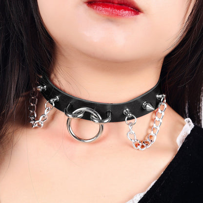 Personality O-Ring Rivet Chain Pu Necklace Halloween