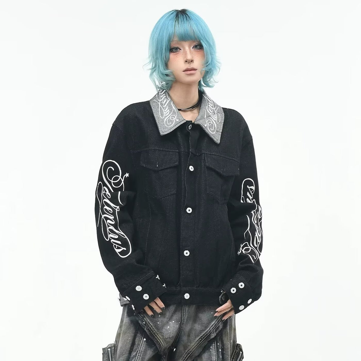 Script Print Boxy Denim Jacket