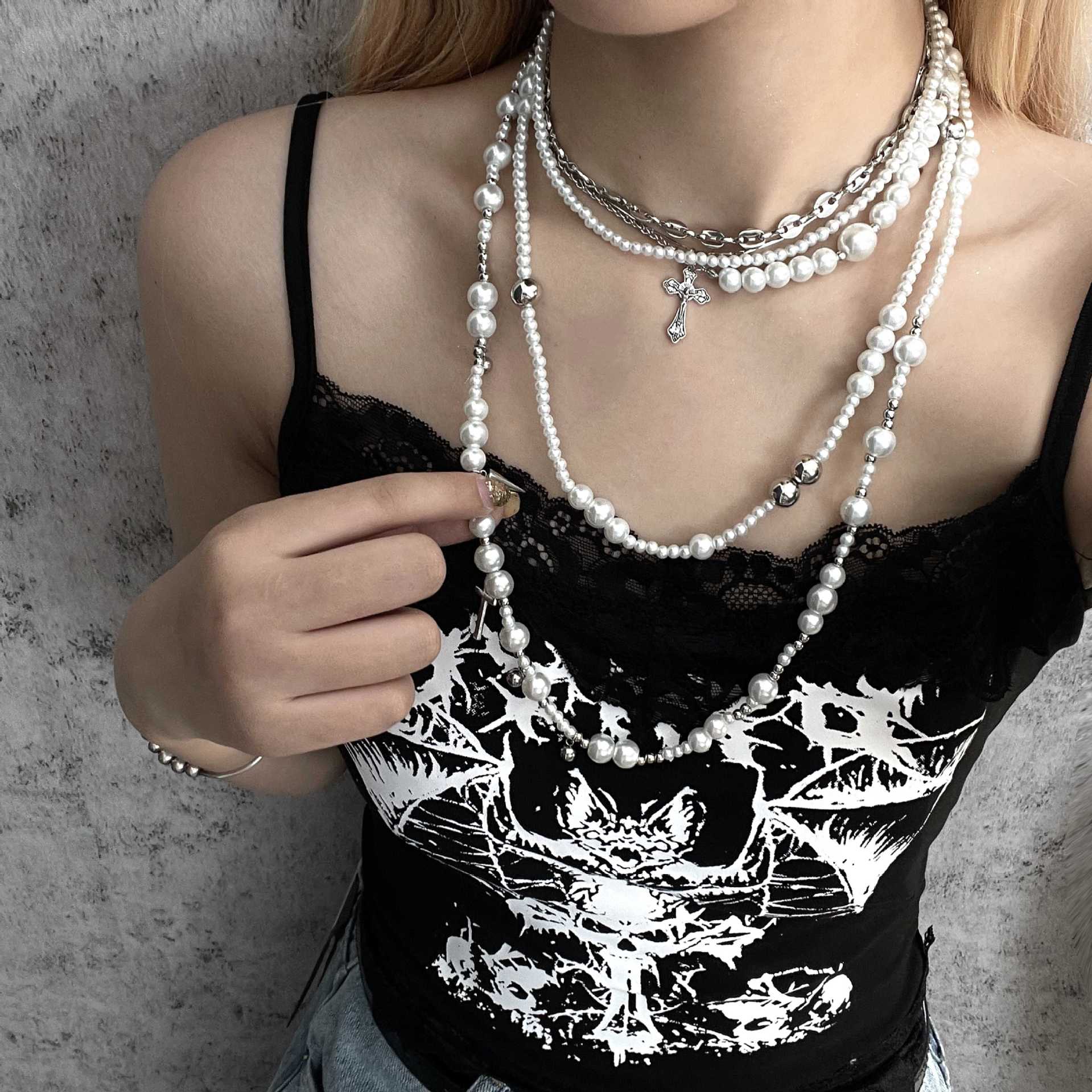 Trendy Cross Rivet Multi-Element Layered Necklace Halloween Main image