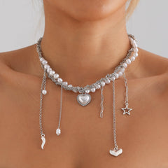 Multi-Layer Heart Tassel Pearl Star Pendant Necklace Halloween