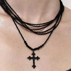 Retro Cross Layered Beaded Sweet Cool Punk Necklace Black Halloween