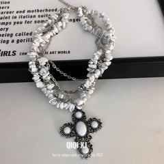 Black Irregular Stone Heavy Gothic Punk Layered Necklace White Halloween