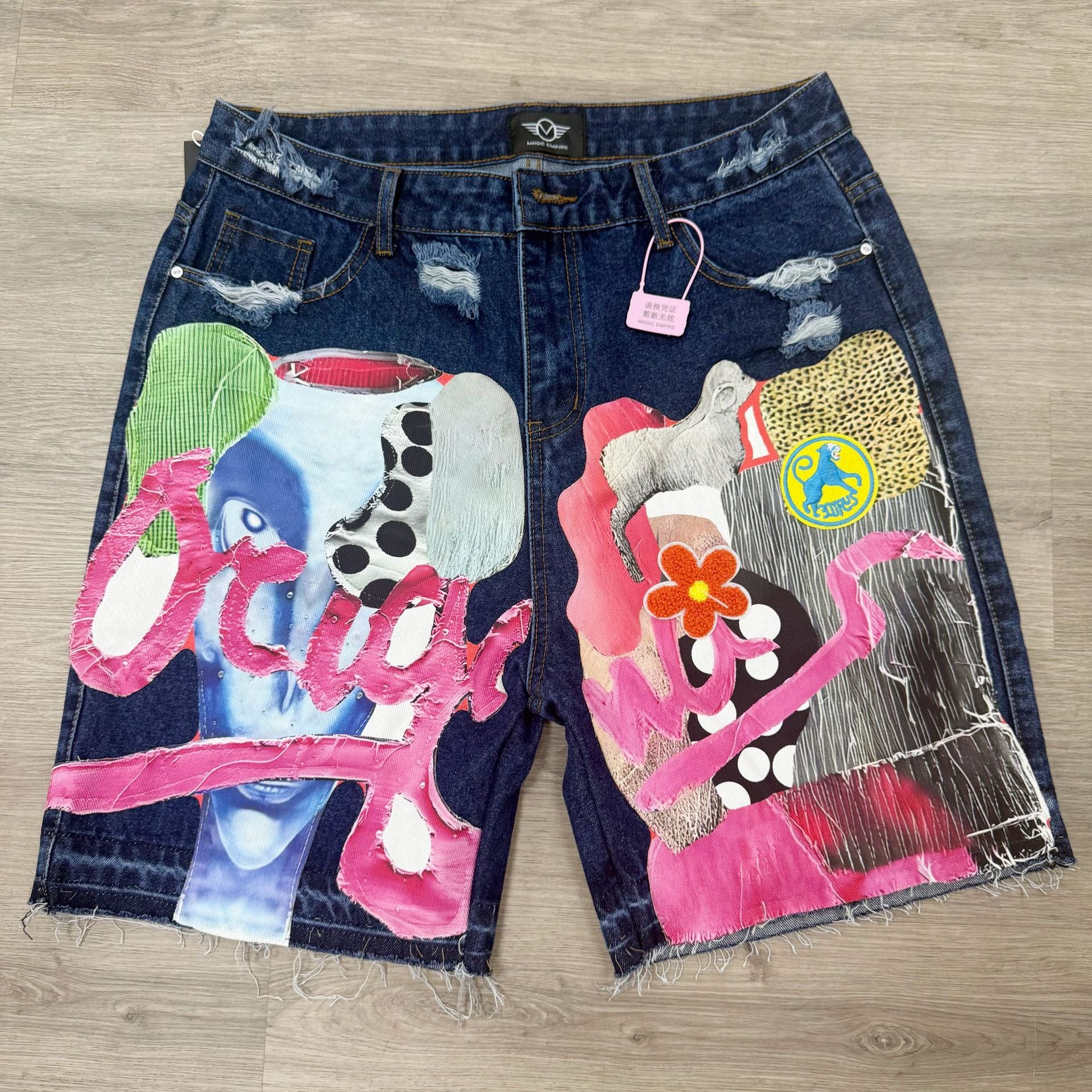 Street Style Abstract Letter Patchwork Denim Shorts Main image