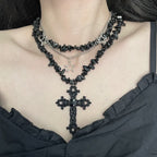 Sweet Cool Diamond Cross Star Double Layer Hip-Hop Fashion Necklace Black Halloween