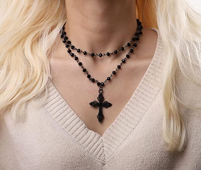 Popular Gothic Dark Exaggerated Cross Layered Necklace Black Halloween