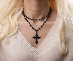 Popular Gothic Dark Exaggerated Cross Layered Necklace Black Halloween