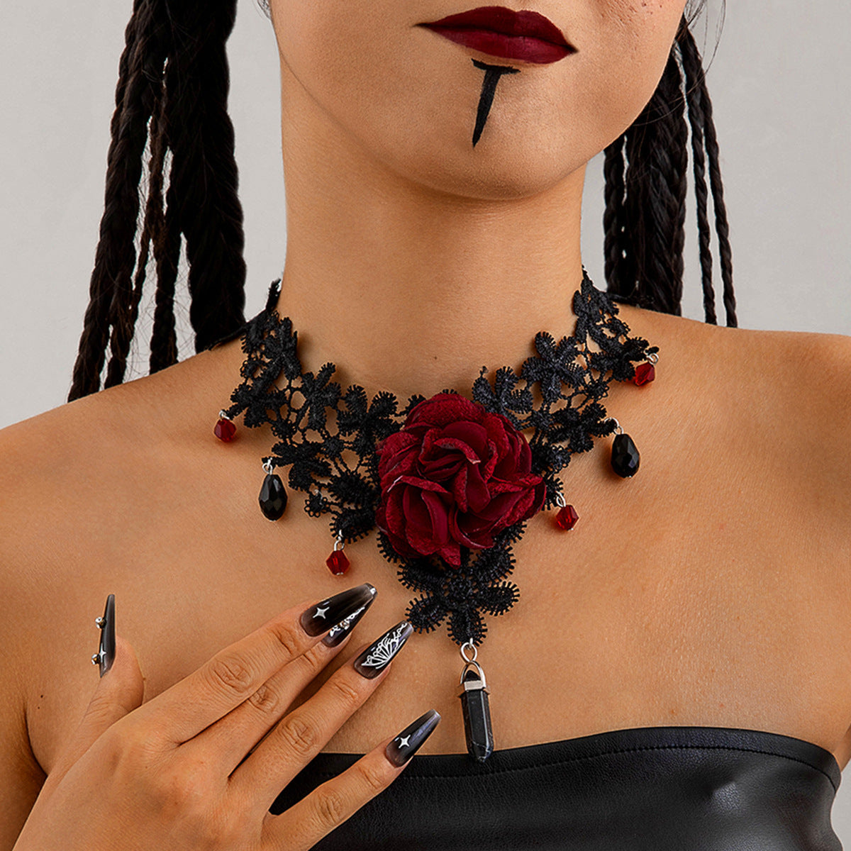 Gothic Red Lace Big Flower Sweet Sexy Geometric Pendant Halloween Necklace Secondary image