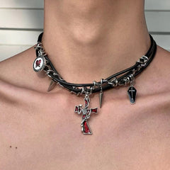 Hip-Hop Dark Cross Rivet Triple Leather Necklace Halloween